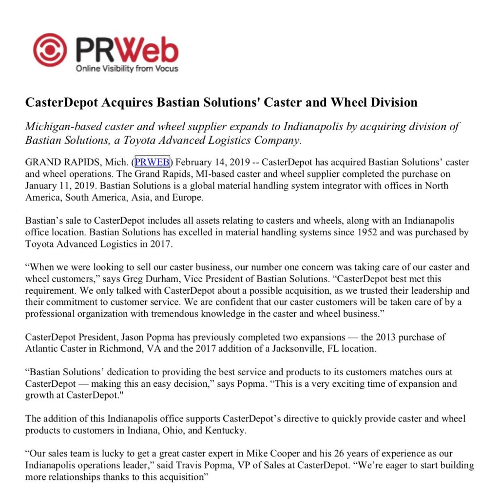 Caster Depot Bastian Acquisition Press Release